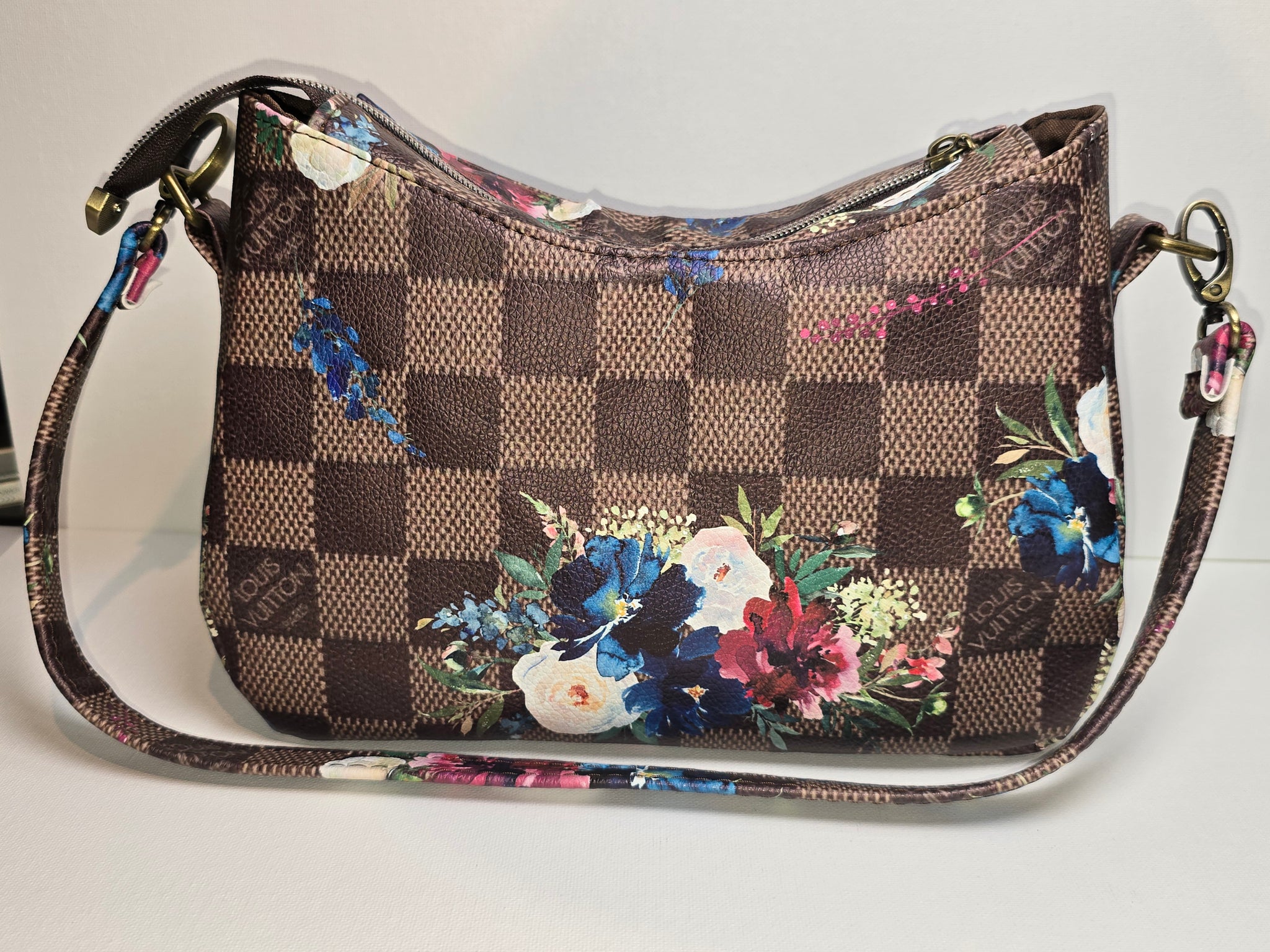 Brown Checker LV Floral Shoulder Bag